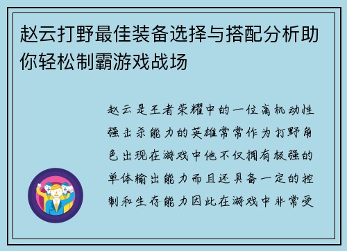赵云打野最佳装备选择与搭配分析助你轻松制霸游戏战场